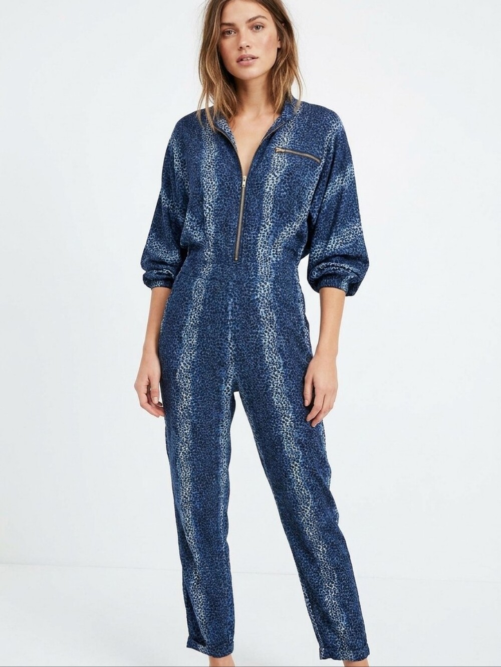 Blue Leopard Print Long-Sleeve Jumpsuit